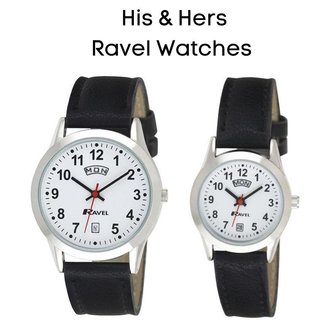 Ravel Mens Stainless Steel Day/Date Faux Leather Strap Watch + Ravel Womens Stainless Steel Day/Date Faux Leather Strap Watch R0706.20.1+R0706.20.2