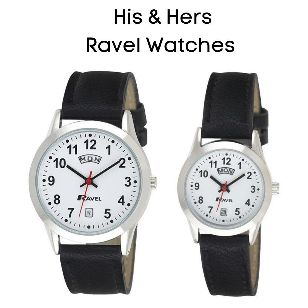 Ravel Mens Stainless Steel Day/Date  Faux Leather Strap Watch + Ravel Womens Stainless Steel Day/Date Faux Leather Strap Watch R0706.20.1+R0706.20.2