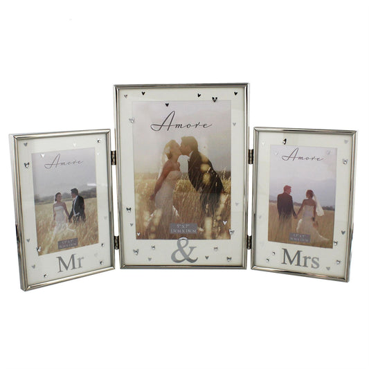 Amore Silverplated Triple Photo Frame - 'Mr & Mrs'