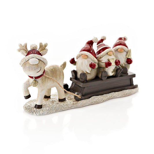 Gnomes in Sleigh with Reindeer Figurine