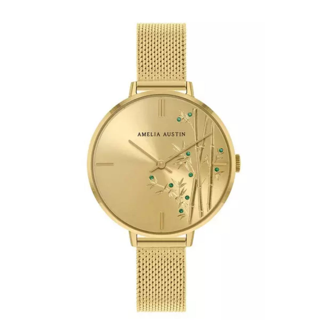 Amelia Austin Ladies Bamboo Pale Gold Stainless Steel Mesh Green Stone Set Etched Dial Watch AA4016