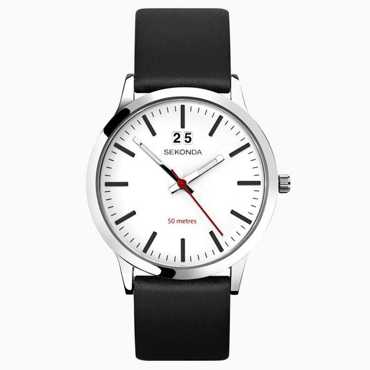 Sekonda Mens Nordic Fashion Dated White Dial Black Leather Watch