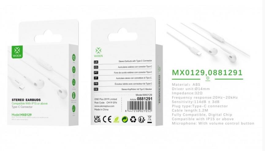 Woox MX0129 Fully Compatible TypeC Earphones with Mic, 1.2m, White