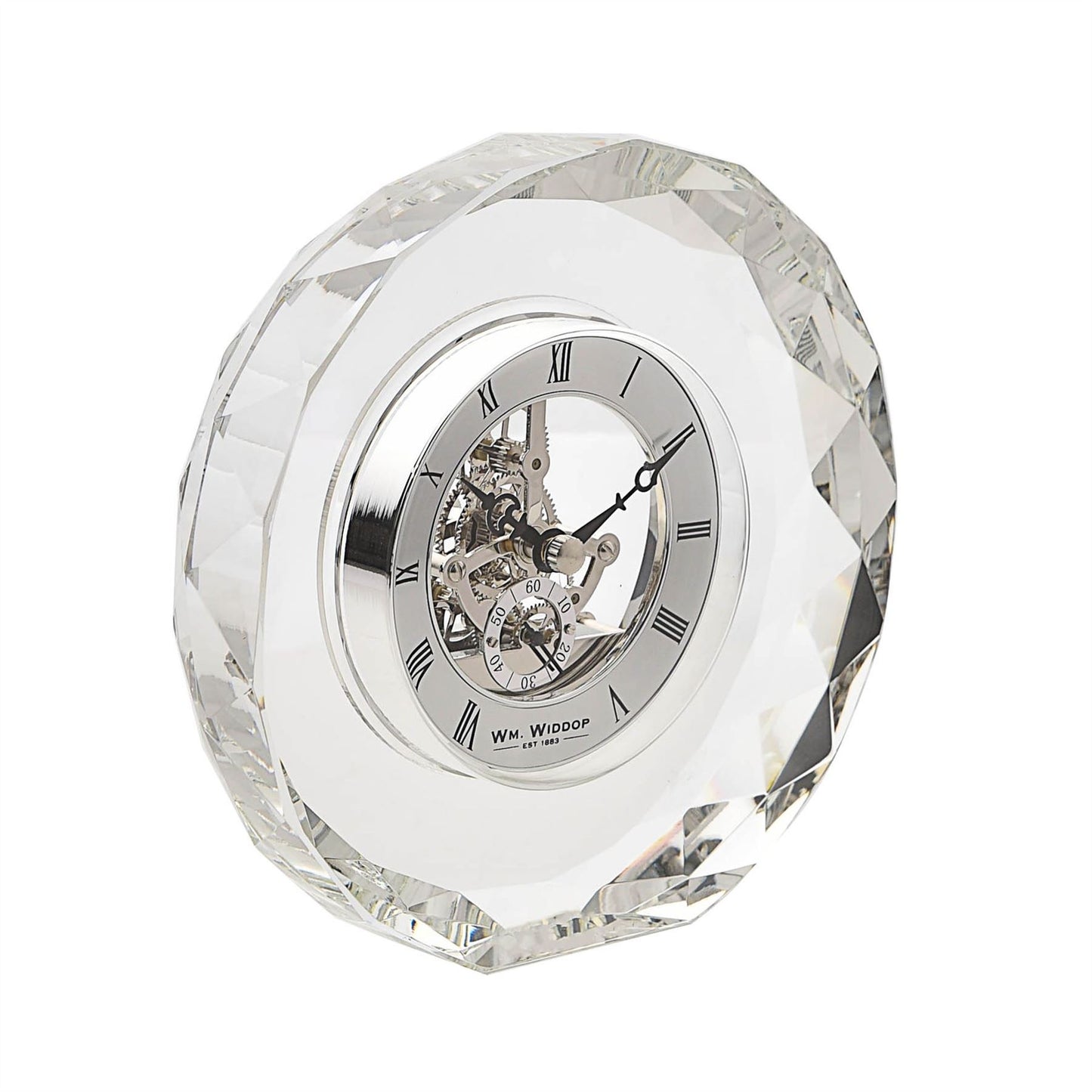 Wm.Widdop K9 Crystal Round Mantel Clock Skeleton Dial Roman