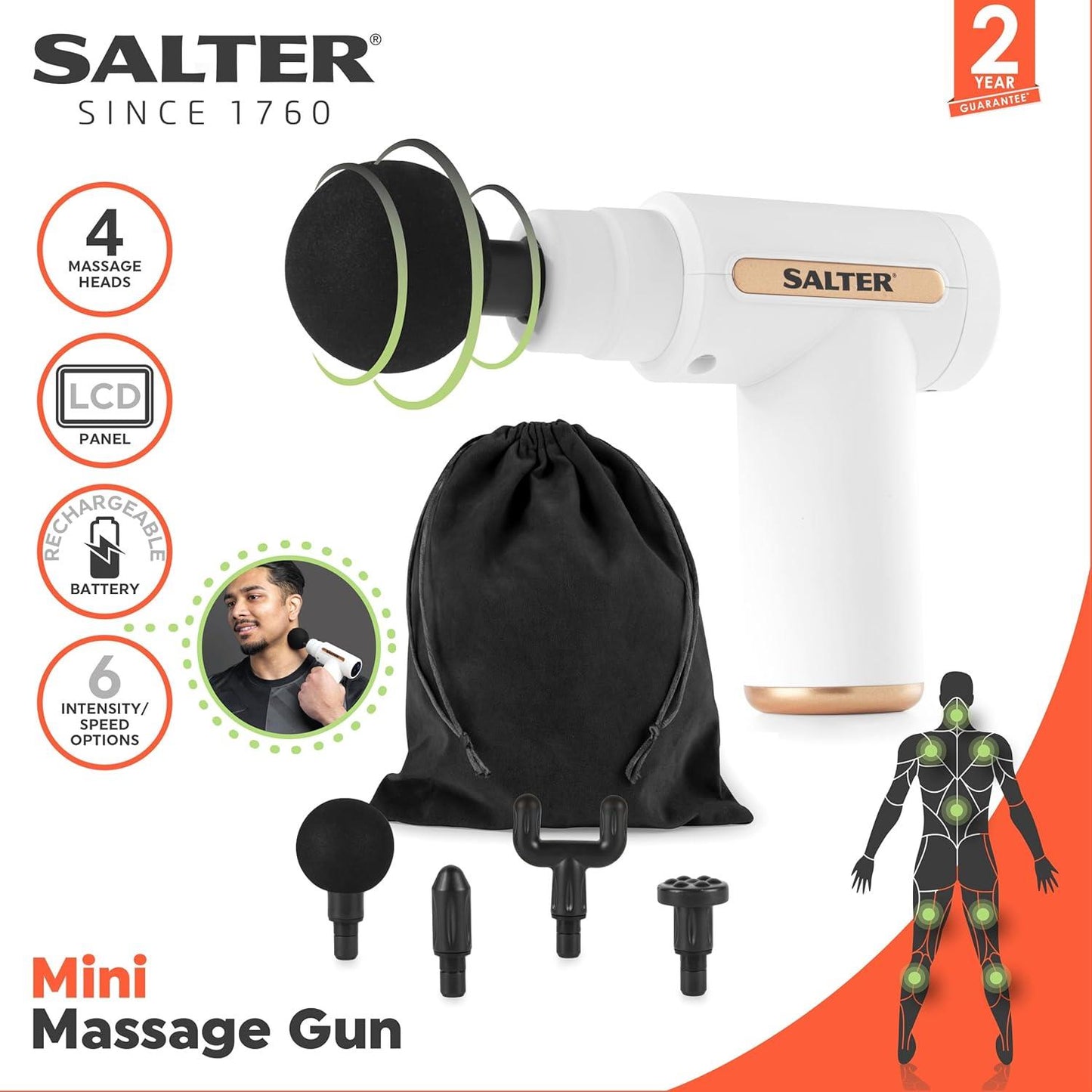 Salter Mini Massage Gun Electric Handheld, Rechargeable, 6 Intensity/Speeds, Includes Carry Bag