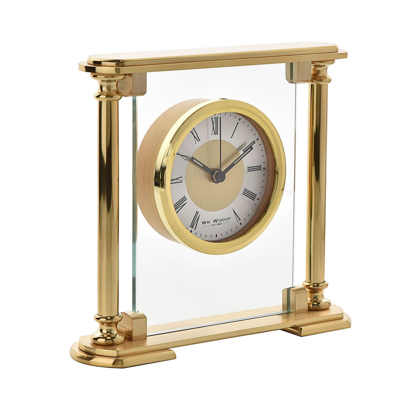 Wm. Widdop Glass & Brushed Aluminium Mantel Clock - Gold