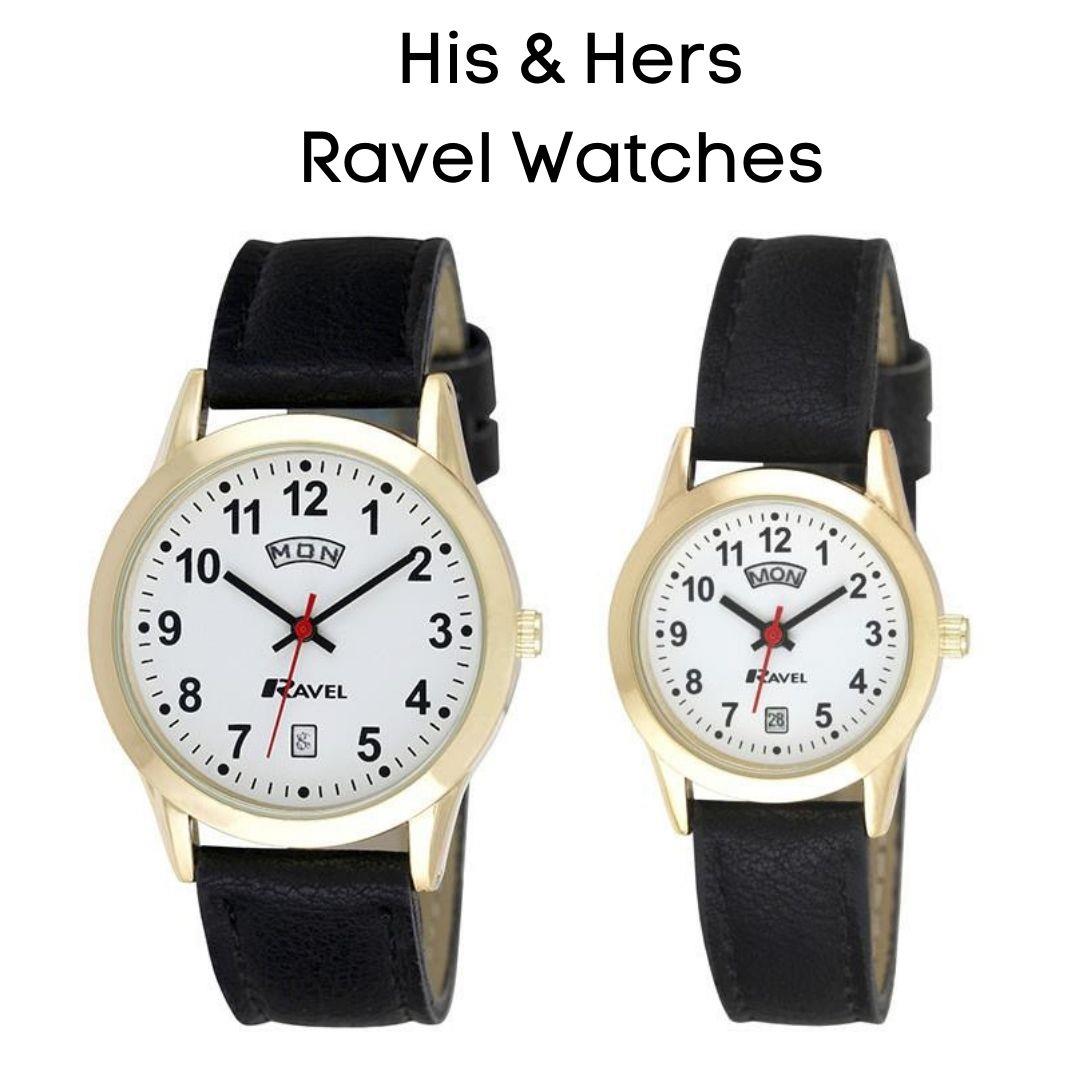 Ravel Mens Gilt Day/Date  Faux Leather Strap Watch + Ravel Womens Gilt Day/Date  Faux Leather Strap Watch R0706.19.1+R0706.19.2