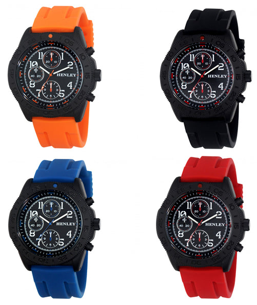 Henley Mens Multi Eye Black Dial With Sports Large Silicone Strap Watch H02218 Available Multiple Colour