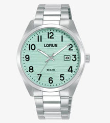 Lorus Mens Basic Fashion Date Light Green Textured Dial Silver Plated Stainless Steel Bracelet Watch RH909RX9