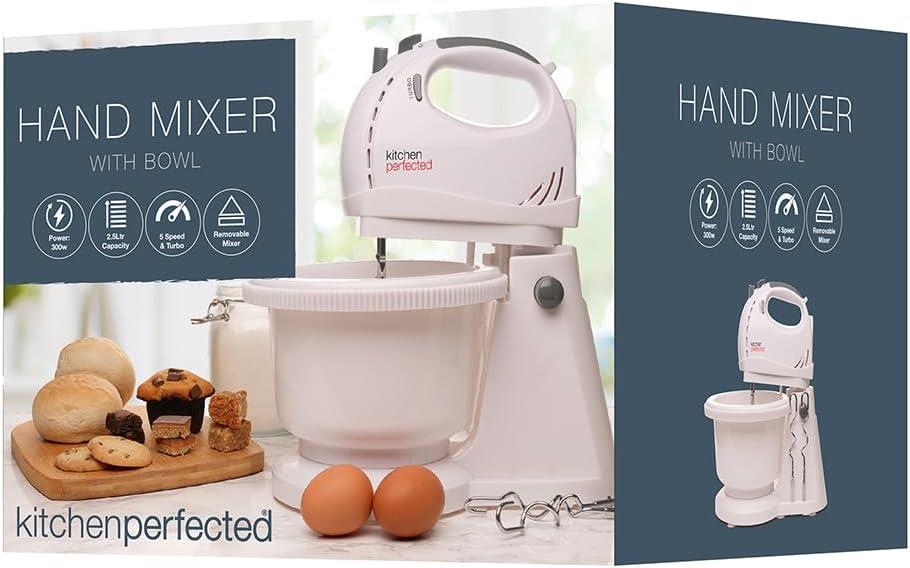KitchenPerfected 300w Hand Mixer with 2ltr Rotating Bowl - White