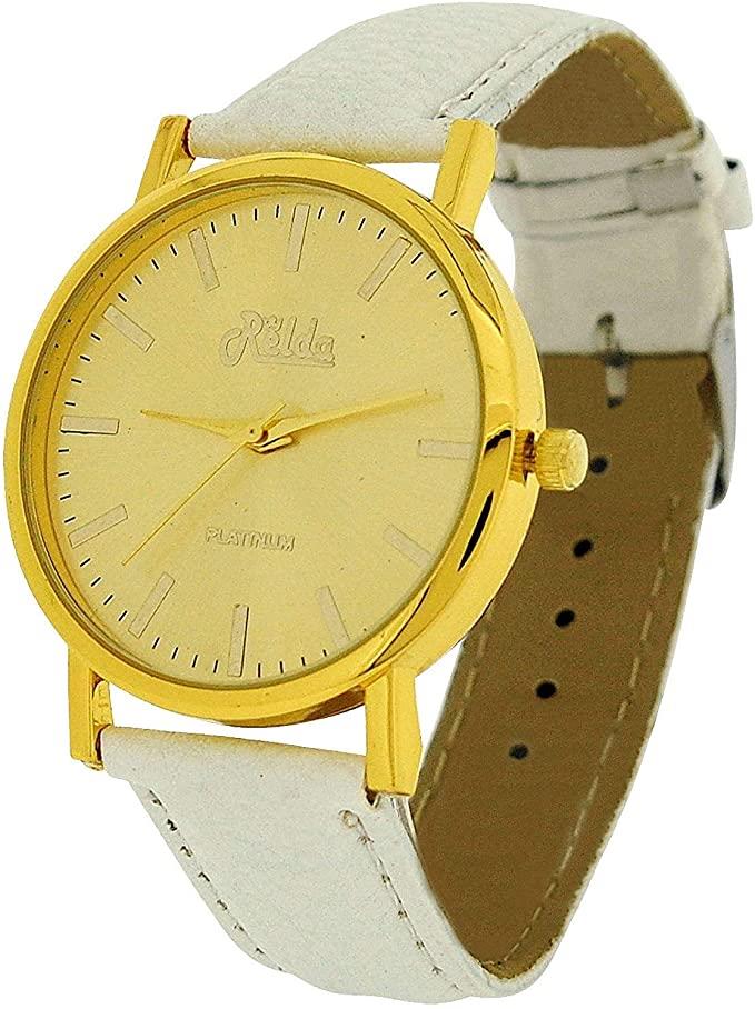 Relda Women Analogue Jumbo Gold tone Dial & Leather Strap With Buckle REL6 Available Multiple Colour - Needs Battery.