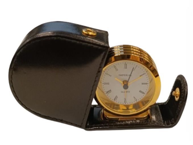 Imperial Travel Alarm Clock folds away into Black Leather bag IMP611 - CLEARANCE NEEDS RE-BATTERY