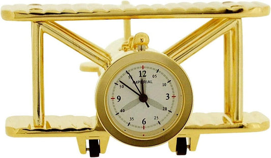 Miniature Clock Goldtone Plated Metal Bi-Plane Design Solid Brass IMP1014G - CLEARANCE NEEDS RE-BATTERY