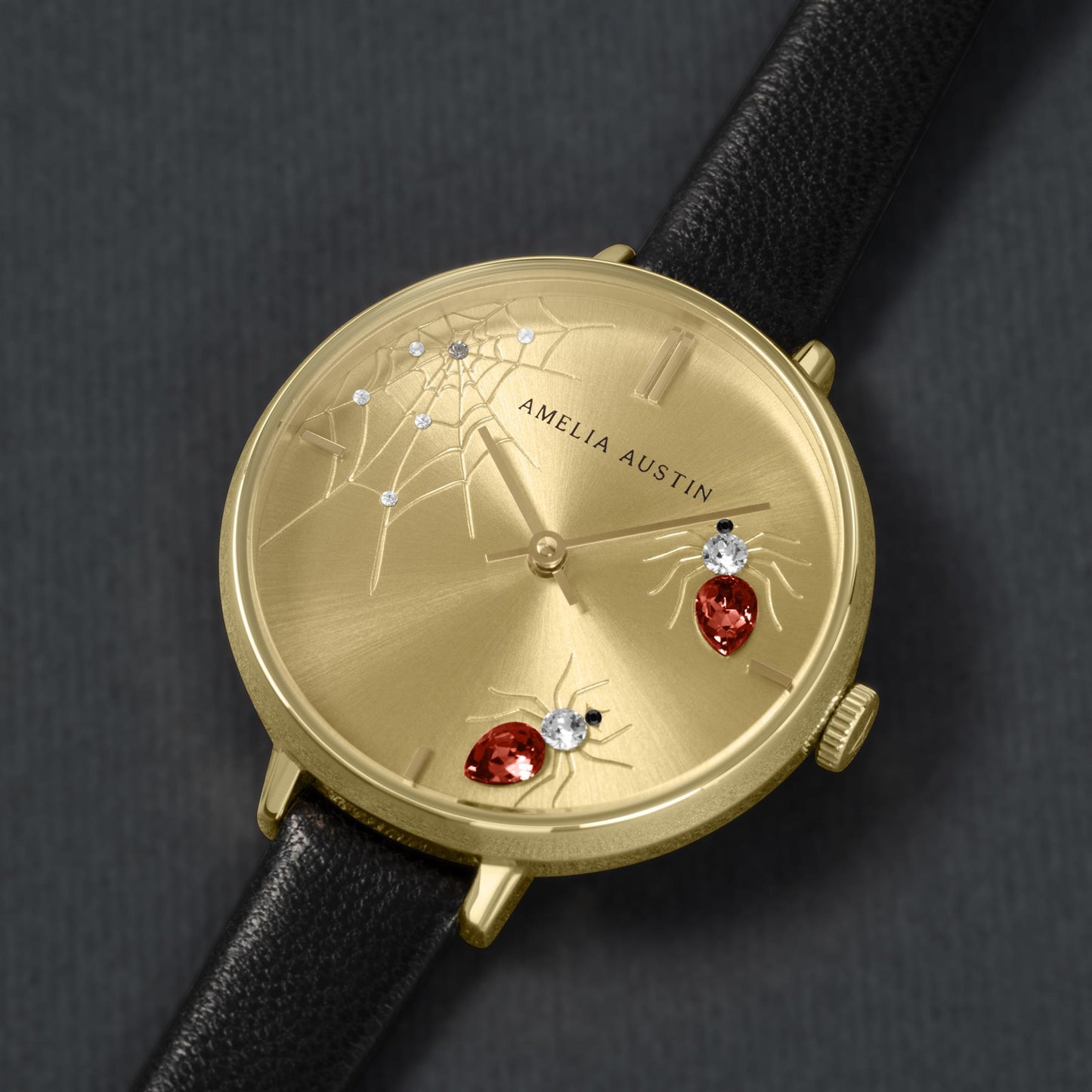 Amelia Austin Ladies Spider Black Leather Strap Red Stone Set Etched Dial Watch AA2012