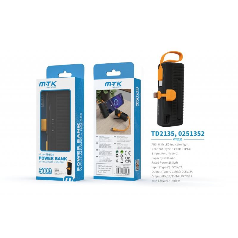 MTK 5000mAh Power Bank, 5V2A with cable and holder, Black