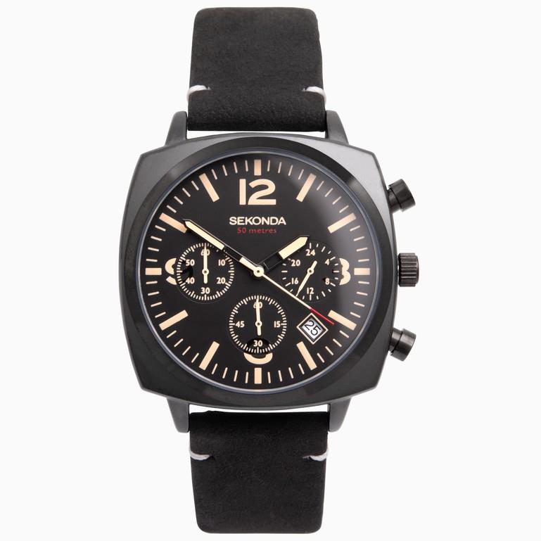 Sekonda Men's Airborne Chronograph Watch Black Case & Leather Strap with Black Dial 1991