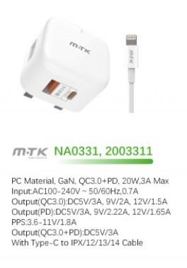 M.TK NA0331 TypeC 20W PD & USB 3A QC Wall Charger with TypeC to Lightening Fast Cable, White Woox