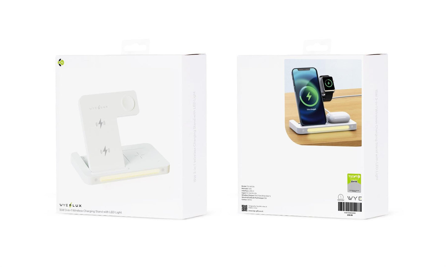 WYEFLUX 15W 3-in-1 Wireless Charging Stand with LED Light