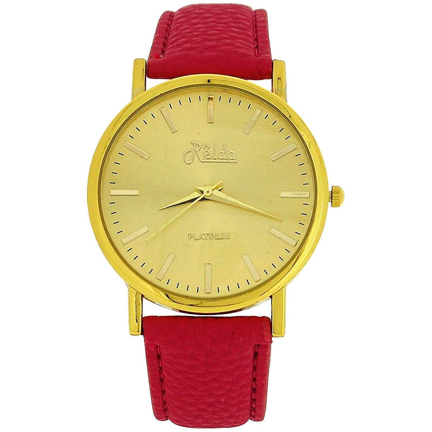 Relda Ladies Analogue Jumbo Gold tone Dial & Leather Strap With Buckle REL6 Available Multiple Colour - Needs Battery.