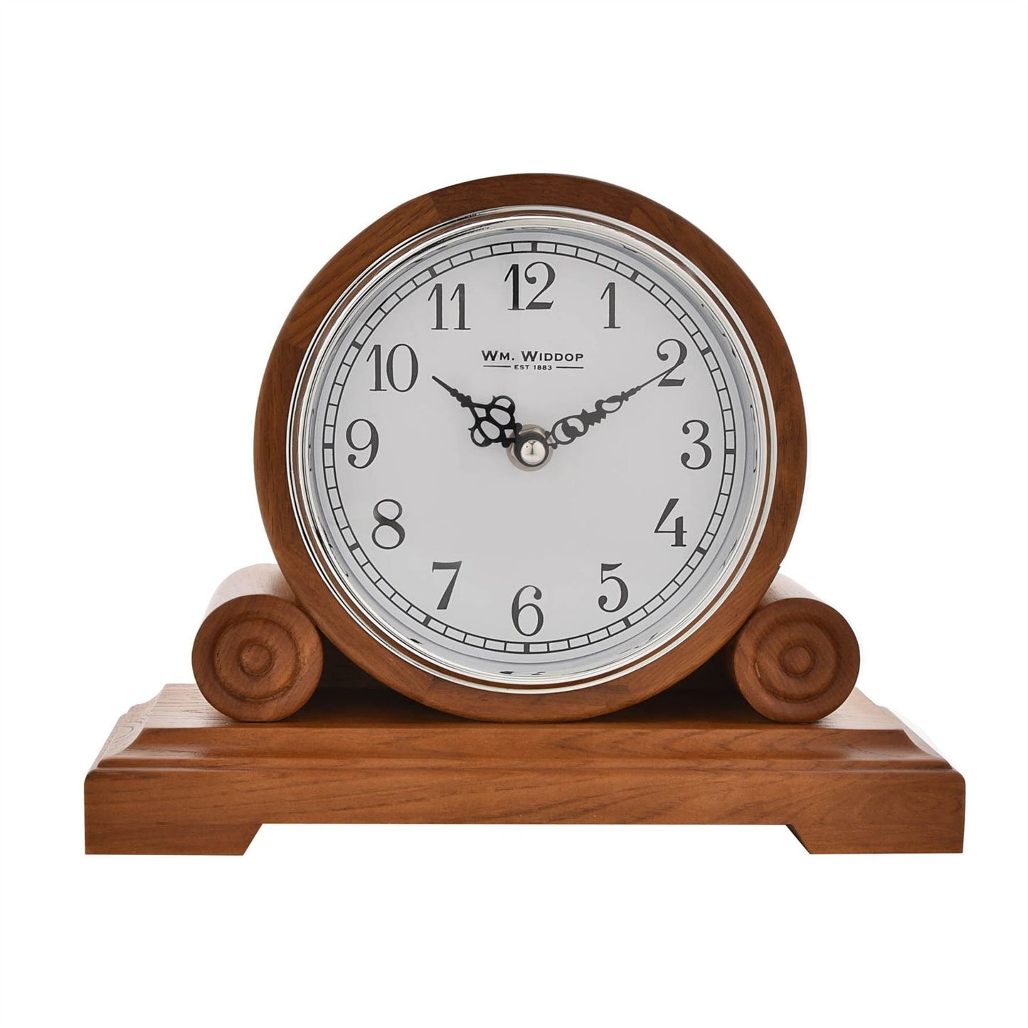 Wm. Widdop Barrel Shape Oak Finish Arabic Mantel Clock