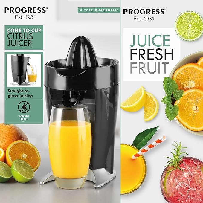 Progress Cone To Cup Citrus Juicer - Includes Small & Large Interchangeable Juicing Cones, Straight To Glass Serving, Multidirectional Rotation For More Juice, Built-In Anti-Drip Spout, 60W