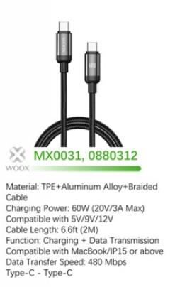 Woox MX0031 Type C to Type C Braided Data Cable, 60W 20V/3A Max, 6.6ft 2m, Black
