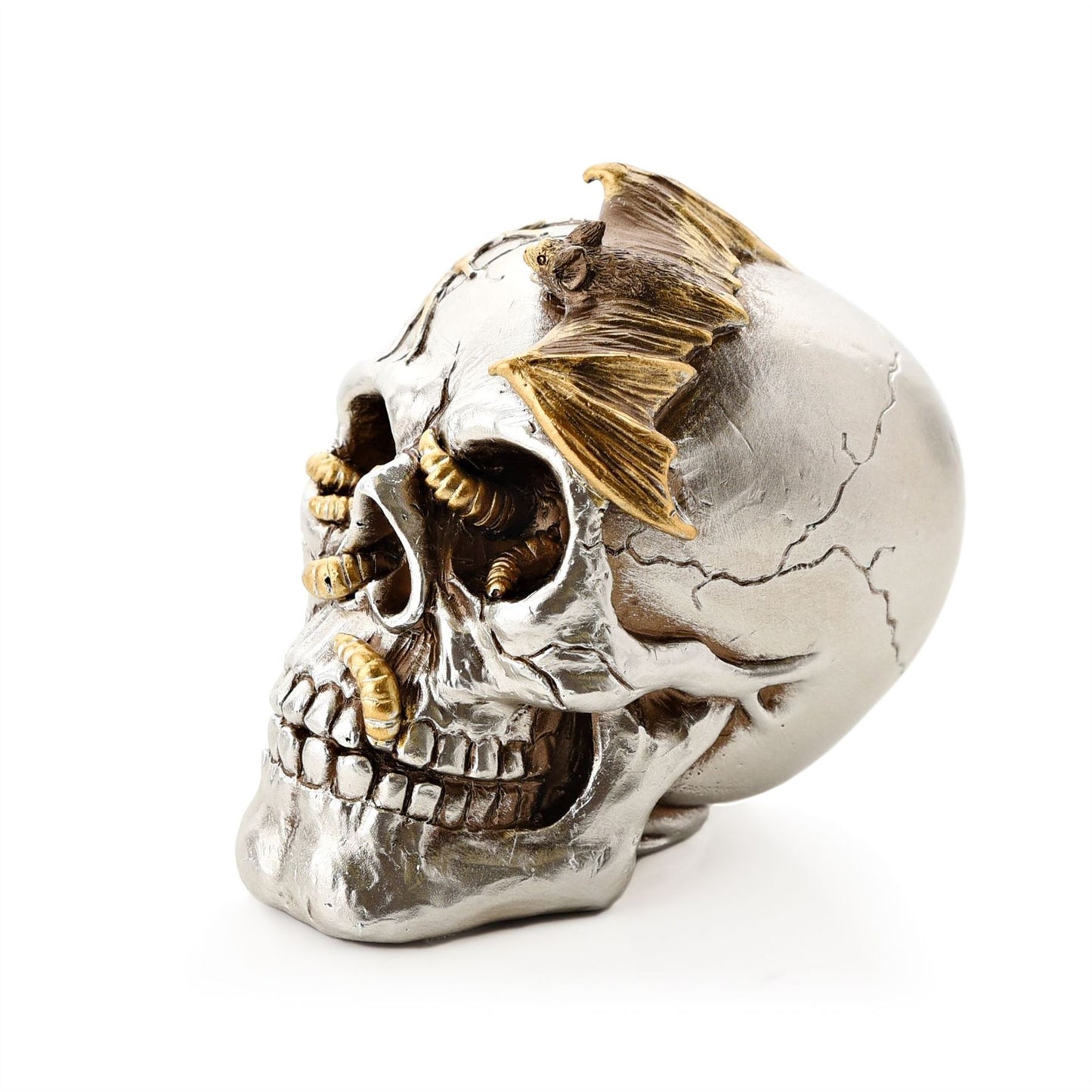 Silver Skull with Bat Resin Figurine