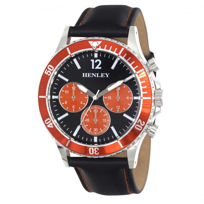 Henley Mens Polished Round Sports Case with Leather Strap Watch H02210 Available Multiple Colour