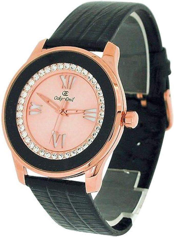 Oskar Emil Ladies Ruby Black Bling Rosegold Dial with Black Leather Strap Watch CLEARANCE - NEEDS RE-BATTERY