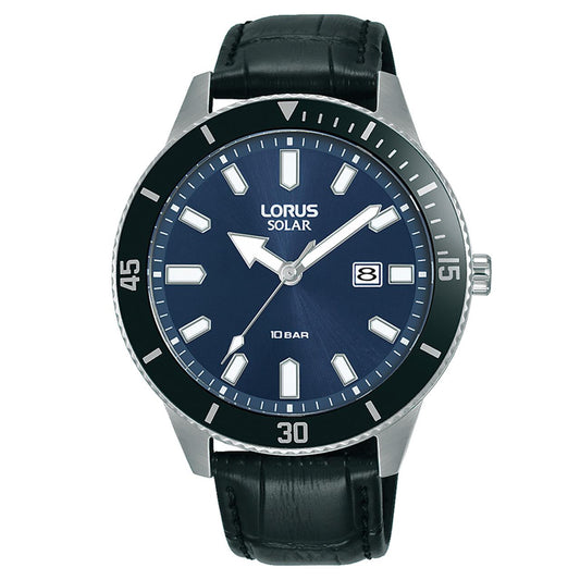 Lorus Mens Sports Solar Powered Blue Dated Dial Black Leather Strap Watch RX317AX9