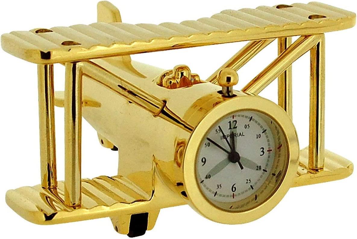 Miniature Clock Goldtone Plated Metal Bi-Plane Design Solid Brass IMP1014G - CLEARANCE NEEDS RE-BATTERY