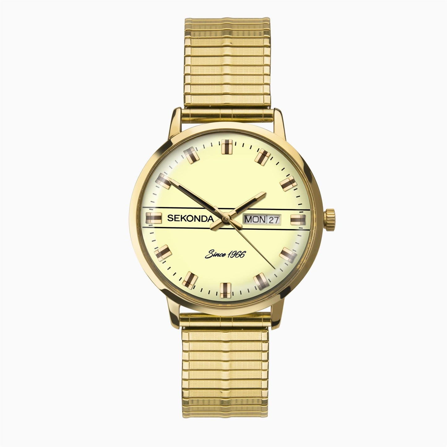 Sekonda Mens Day Date Cream Dial & Stainless Steel Gold Plated Expander Bracelet Watch 1952