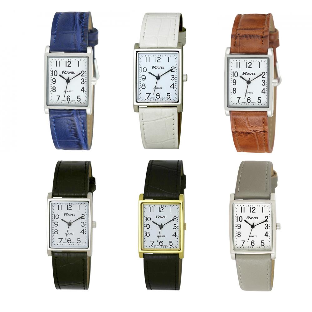 Ravel Mens Basic Classic Rectangular Square Dial Leather Strap Watch R0120