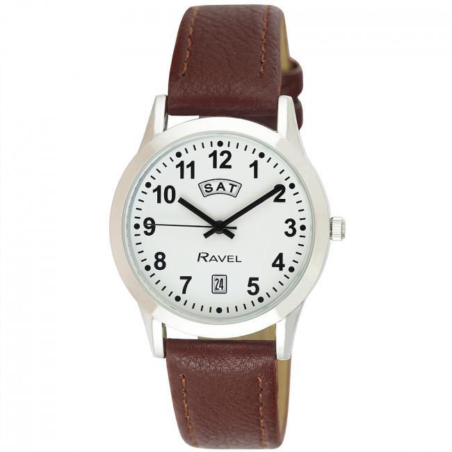 Ravel Mens Stainless Steel Day/Date Brown Faux Leather Strap Watch + Ravel Womens Stainless Steel Day/Date Brown Faux Leather Strap Watch R0706.41.1+ R0706.41.2