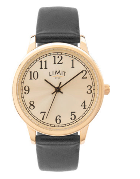 Limit Ladies Basic Golden Dial Black Leather Strap Watch 60071