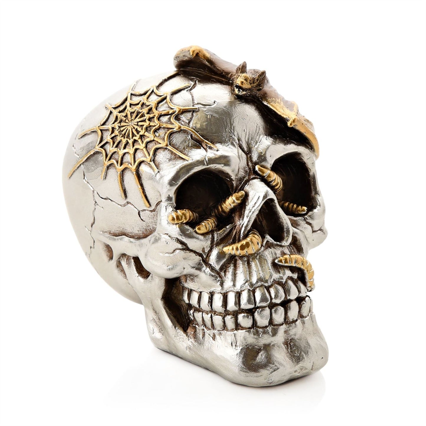 Silver Skull with Bat Resin Figurine