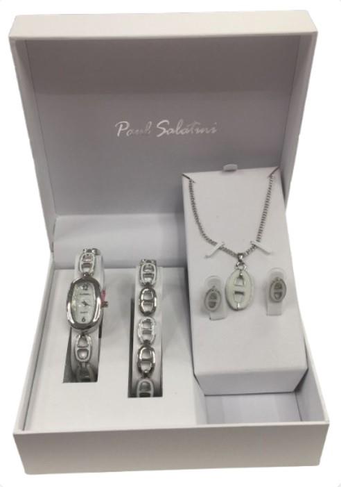 Paul Salatini Ladies Fashion Bling Dial Silver Bracelet Watch Bracelet, Necklace & Earrings Gift Sets 2541