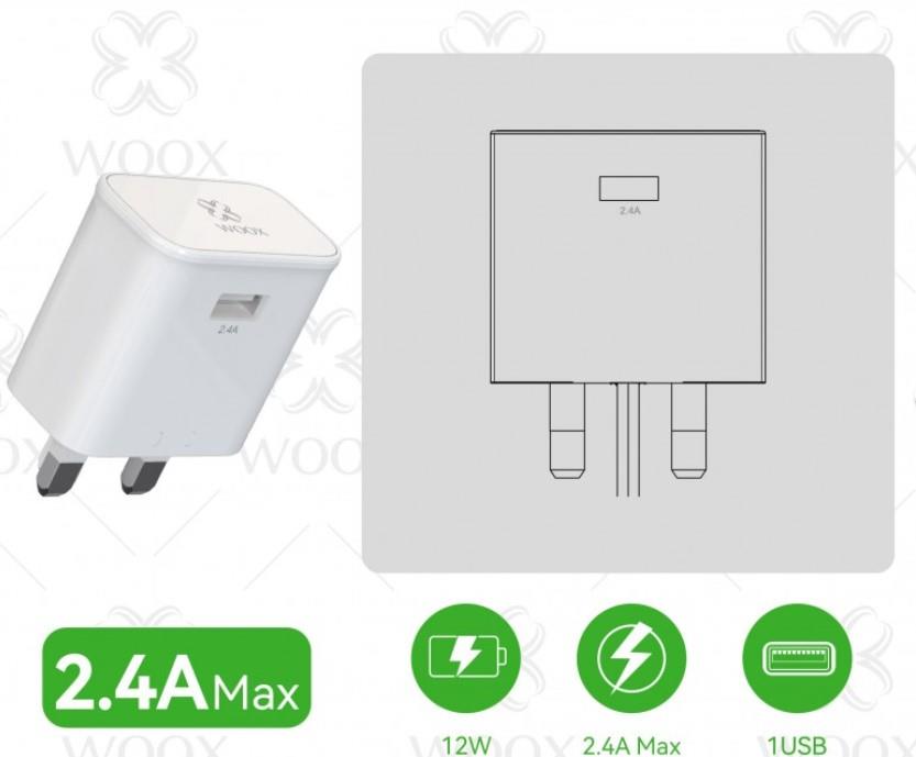 Woox MX0176 UK Folding Pin Single USB 2.4A Wall Charger without cable, White