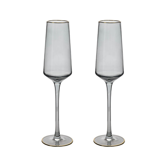 Hestia Set of 2 Grey Glass Champagne Flutes with Gold Rim