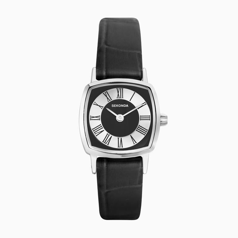 Sekonda 1970s Ladies Basic Black Dial Roman numerals Silver Case & Black Leather Strap Watch