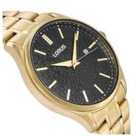 Lorus Mens Basic Fashion Date Black Dial Gold Plated Stainless Steel Bracelet Watch RH934QX9