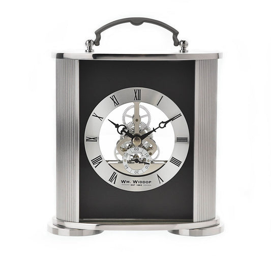 Wm. Widdop Silver & Black Mantel Clock Skeleton Movement