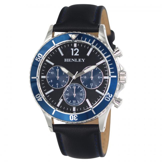 Henley Mens Polished Round Sports Case with Leather Strap Watch H02210 Available Multiple Colour