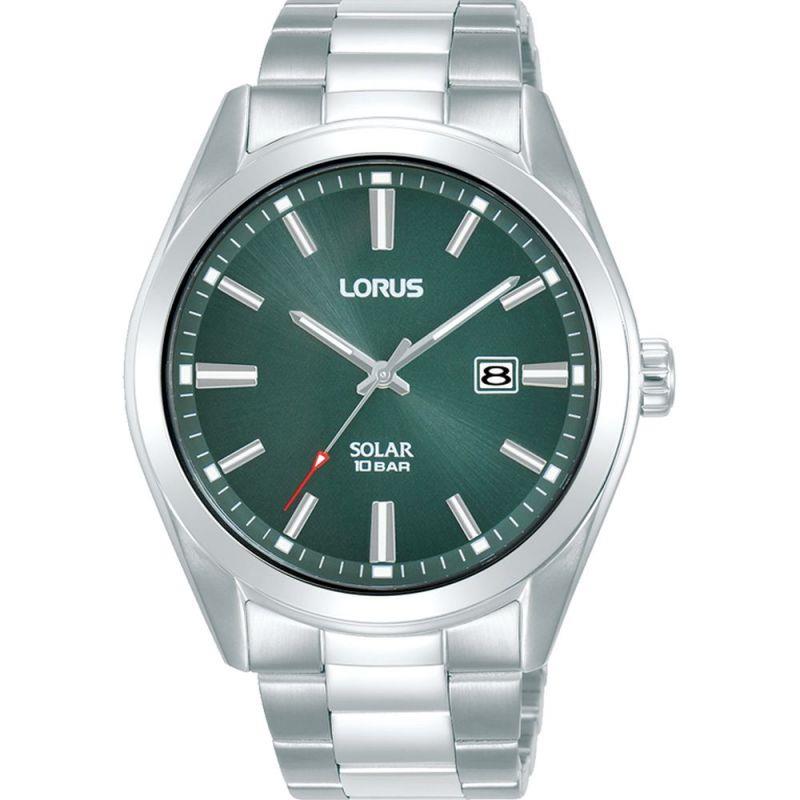 Lorus Mens Solar Powered Green Dated Dial Stainless Steel Bracelet Watch RX331AX9