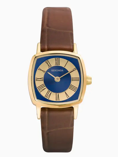 Sekonda Ladies 1970s Gold Case & Brown Leather Strap with Blue Dial Watch