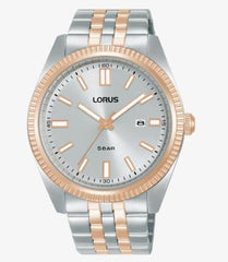 Lorus Mens Basic Fashion Date Grey Sunray Dial Two tone Rose gold and Silver Stainless Steel Bracelet Watch RH974QX9