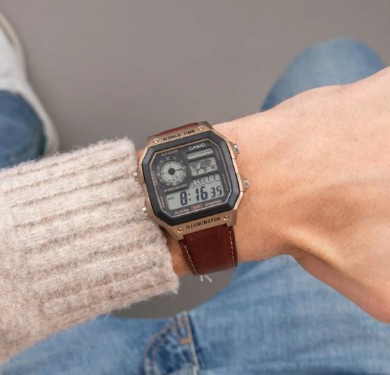 Casio Mens Sports LED military Digital World Time Alarm Brown Leather Strap Watch