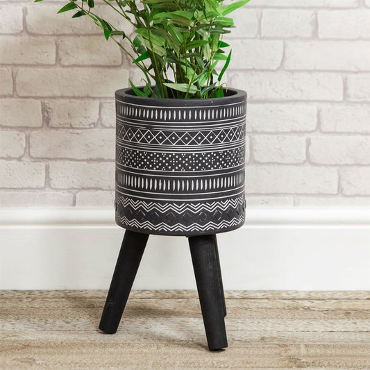 Ornate Fibre Clay Planter Black with Wooden Legs