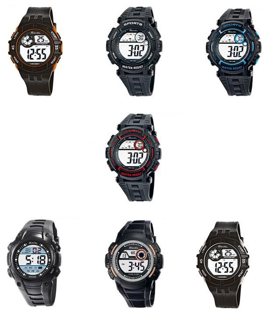 Ravel Mens 3ATM Digital Sports Black PU Rubber Strap Watch RDG.14 Available Multiple Colour