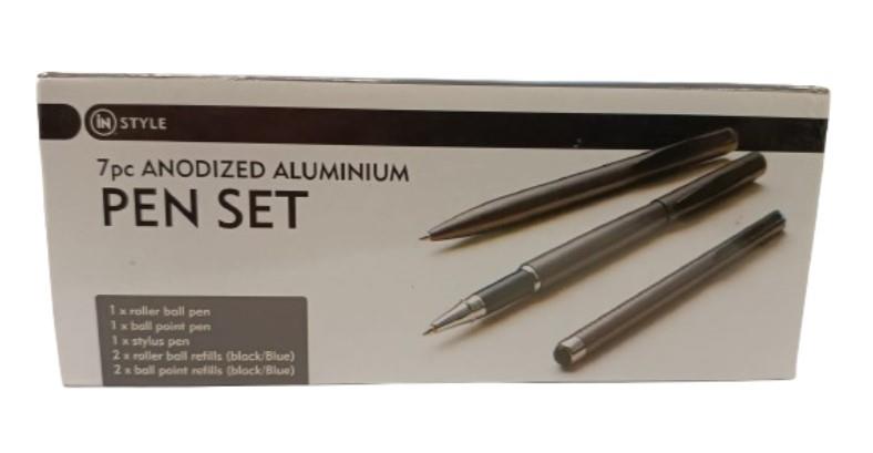 DSL Instyle 7pc Black/Blue Ink Pen & Refills Anodized Aluminium Black Case Pen Set Box 2799B